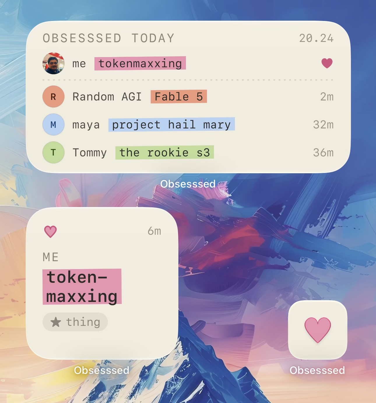 Obsesssed home-screen and lock-screen widgets showing today's obsesssions from you and your friends